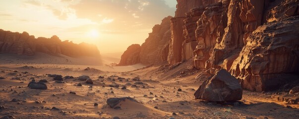 Sun over a vast desert with sand dunes and dramatic mountain structures, portraying tranquility and the grandeur of nature - obrazy, fototapety, plakaty
