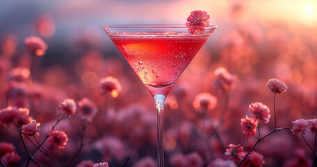 Elegant martini glass rests in a field of pink flowers bathed in the warm glow of a sunset