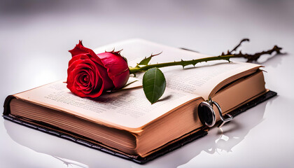 Wonderful long red rose laying on a big old book