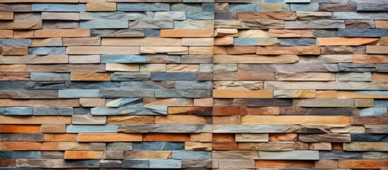 A detailed view of a wooden brick wall showcasing the intricate pattern of hardwood building material. The rectangles create a unique engineering design for the buildings flooring or roof