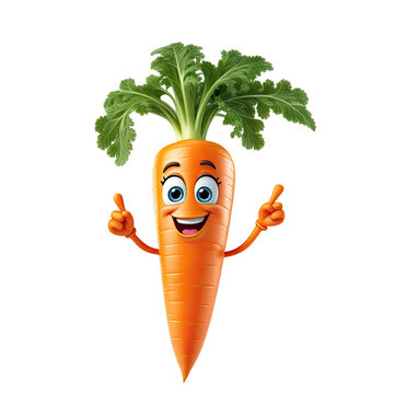 3D tiny cartoon character of carrot with eyes, arms, legs on white transparent background. promote healthy kid's eating, nutrition education, children's books, fun mascot to sell vegetables