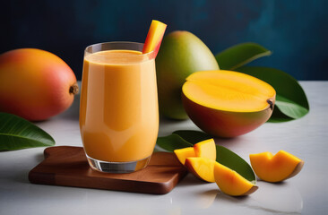 Fototapeta premium Smoothie with mango and papaya, set on sleek marble table, hard lighting. essence of tropical vacation, taste of paradise. Ideal for travel brochures, cocktail menus, social media posts