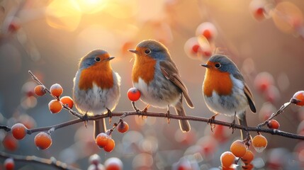 Group of robin birds sitting on a branch of blooming apricot tree - obrazy, fototapety, plakaty