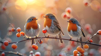 Fotobehang Group of robin birds sitting on a branch of blooming apricot tree © HA