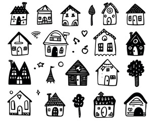 Rustic houses icons set, hand drawn vector illustration in doodle style isolated on white background. Handdrawn cute home logo collection. Vector Illustration. Doodle Style