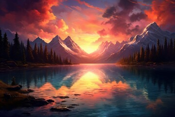Fototapeta na wymiar Picturesque Mountains art sunset lake. Landscape view. Generate Ai