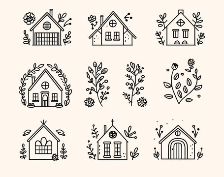 Rustic houses icons set in simple line art style, vector illustration Isolated on pastel background, hand drawn doodle flat design. Simple minimalistic black outline icon collection of cute rustic
