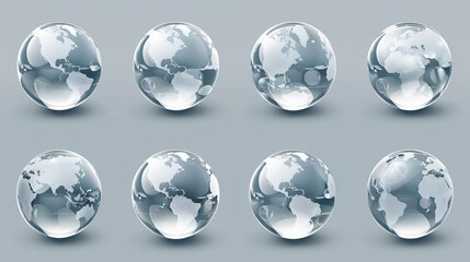 Set of transparent globes of Earth. Realistic world map in globe shape with transparent texture and shadow - obrazy, fototapety, plakaty