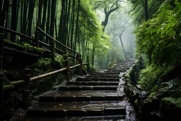 A winding stone path through a dense forest with lush greenery - obrazy, fototapety, plakaty