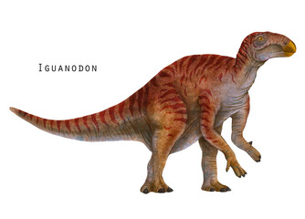 Iguanodon illustration. herbivorous dinosaur. Red dino art - obrazy, fototapety, plakaty
