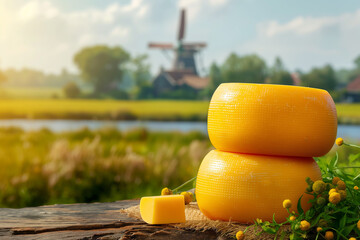 Wheels of Dutch cheese, with canals and windmill in Holland in the background - obrazy, fototapety, plakaty
