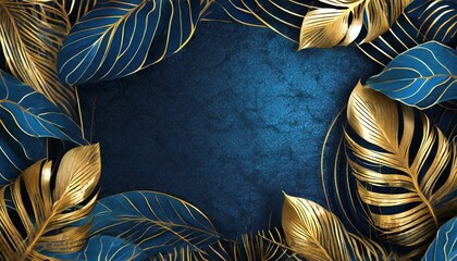luxury dark blue textured 3d banner background frame with golden and blue tropical leaves generative