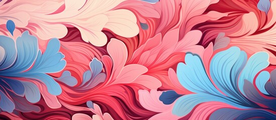 Abstract floral pattern in red, pink, and blue colors.