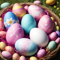 Fototapeta na wymiar Colorful easter eggs in basket, basket full of easter eggs