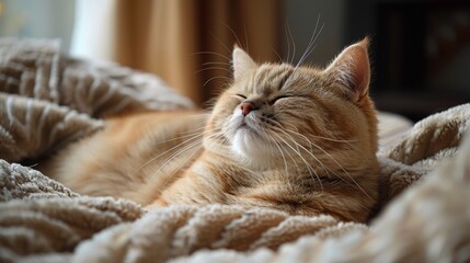 Beautiful ginger cat sleeping on bed at home. Cozy atmosphere