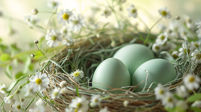 zartes Vogelnest wiegt gesprenkelte Eier inmitten eines weichen Blumenbeetes