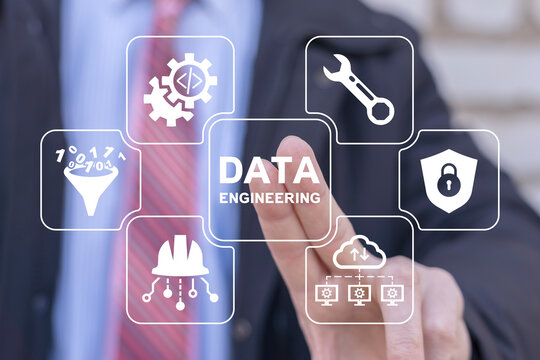 Computer engineer using virtual touch screen presses inscription: DATA ENGINEERING. Big Data Engineering Technology concept.