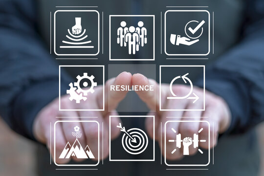 Man using virtual screen presses word: RESILIENCE. Resilience business for sustainable and inclusive growth concept. Ability to deal with adversity, continuously adapt, accelerate disruptions, crises.
