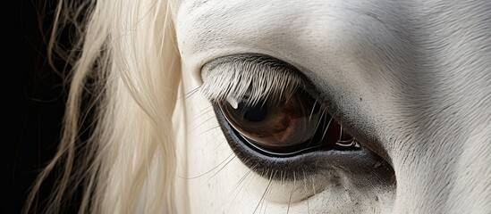 A closeup of a white horses electric blue eye, showcasing its long eyelashes, wrinkles, and the flesh around the eye, set against a stark black background