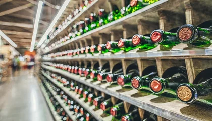 Fototapeten abstract blur wine bottles on liquor alcohol shelves in supermarket store background © Nichole