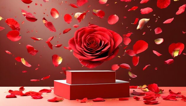 beautiful podium s petals woman render love rose mockup open surprise falling abstract day red presentation box flower gift splay day cosmetic birthday product valentines background