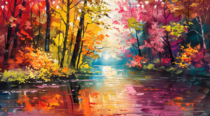 Vibrant Autumn Forest With Reflections on a Tranquil Lake at Sunset. Earth Day Concept