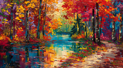 Vibrant Autumn Colors Reflected in a Serene Forest Waterscape at Dusk. Earth Day Concept