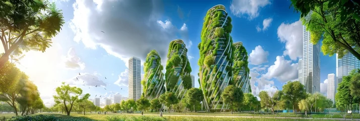 Foto op Plexiglas Modern Green Architecture, Future Skyscraper Buildings in Gardens, Ecology City, Eco Green Walls © artemstepanov