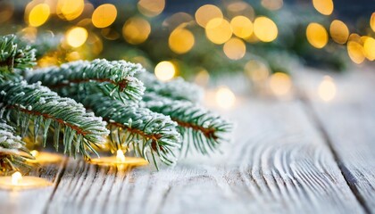white christmas background with spruce frosty brunches and christmas lights