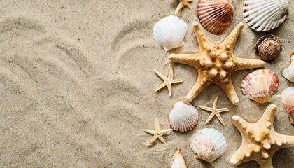 Fototapeta na wymiar top view of a sandy beach with exotic seashells and starfish as natural textured background for aesthetic summer design