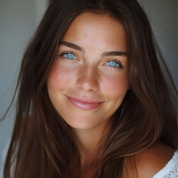 beautiful women with light blue eyes, pretty smile, long brown hair, passport photo