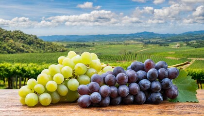 grape bunches on wooden table with vineyard views background for products montage healthy food...