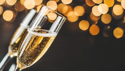 champagne for festive cheers with gold sparkling bokeh background bottle of sparkling wine in front of tender bright black view horizontal background for celebrations and invitation cards space