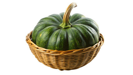 A green pumpkin in a basket isolated on Transparent background.