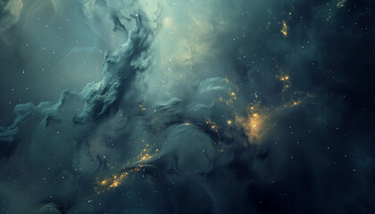 smoky nebula in deep space with view of far away galaxy of stars - obrazy, fototapety, plakaty