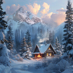 Homey wood cabin amidst evergreen trees at the base of a great mountain in winter