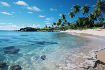 Fototapeta na wymiar Sunny day on tropical beach with palm trees, clear water