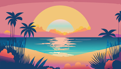 Fototapeta na wymiar Tropical sunset with ocean and palm trees