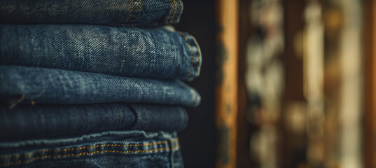 stack of blue jeans in a clothing store with copy space - obrazy, fototapety, plakaty