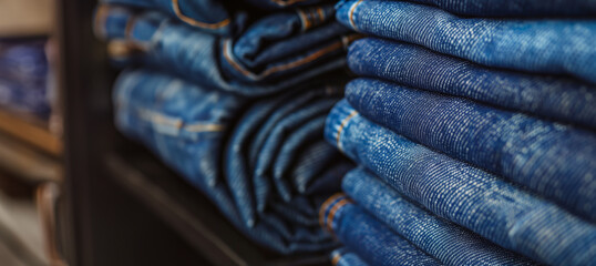 stack of blue jeans in a clothing store - obrazy, fototapety, plakaty