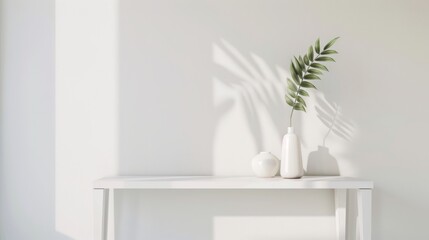Fototapeta na wymiar Minimalist White Console Table with Vase and Greenery