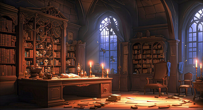Interior of a study room in the gothic style ambience of an ancient castle, an ornately carved desk, open books, scrolls and brass objects, scattered on the floor; shelves of books and curious objects