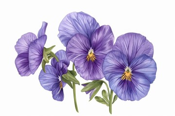 Pansy Flowers Botanical Illustration Isolated, Viola Flower on White Background, Drawing