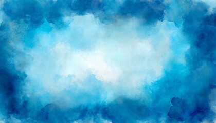 blue watercolor background with texture and paint bleed with light center and dark borders in abstract painted cloudy sky design