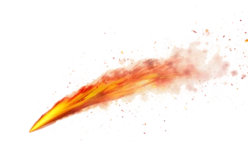 Foto op Canvas Flaming Asteroid with Trail of Smoke and Debris on White Background - Isolated White Transparent Background PNG  © Lumi