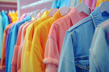 A row of different colorful female clothes hanging on a rack, suitable for fashion, retail, and shopping-related themes.