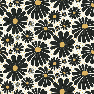 Seamless floral pattern in black, gold and white