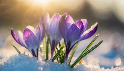 Fotobehang violet crocus with snow at sunrise first blooming snowdrop flowers in spring © Nichole