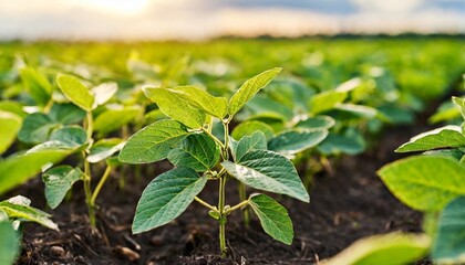 close up of soy plants growing in a soy field