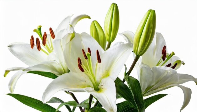 wonderful white lilies lilium liliaceae with buds isolated on white background including clipping path
